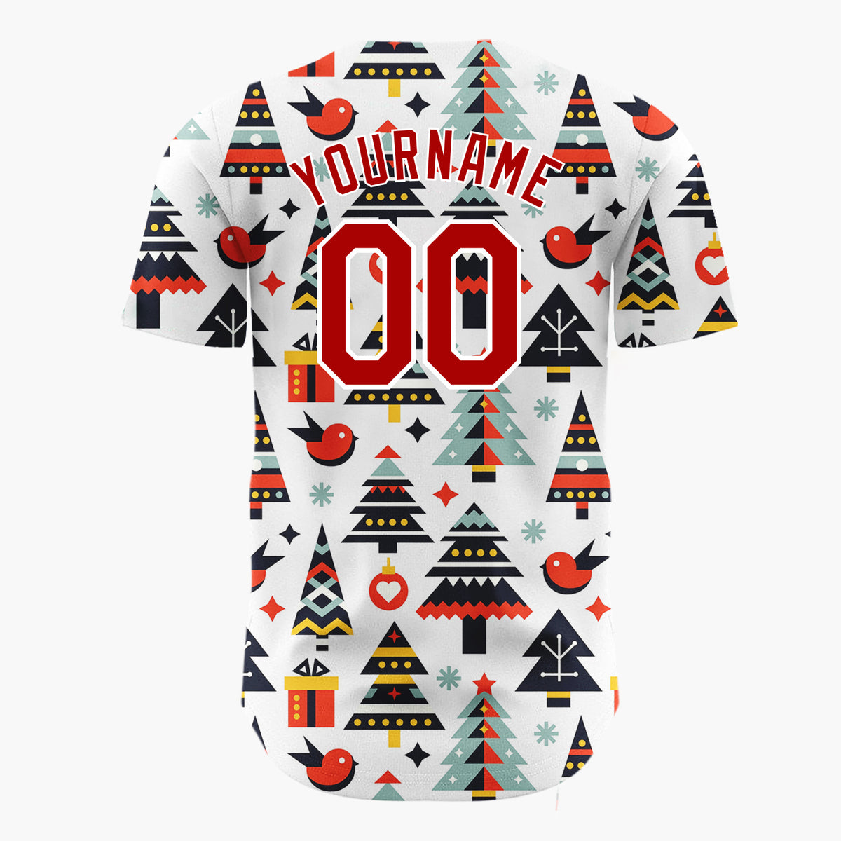 Custom White Christmas Trees Bird And Gifts Geometric Christmas Baseball Jersey