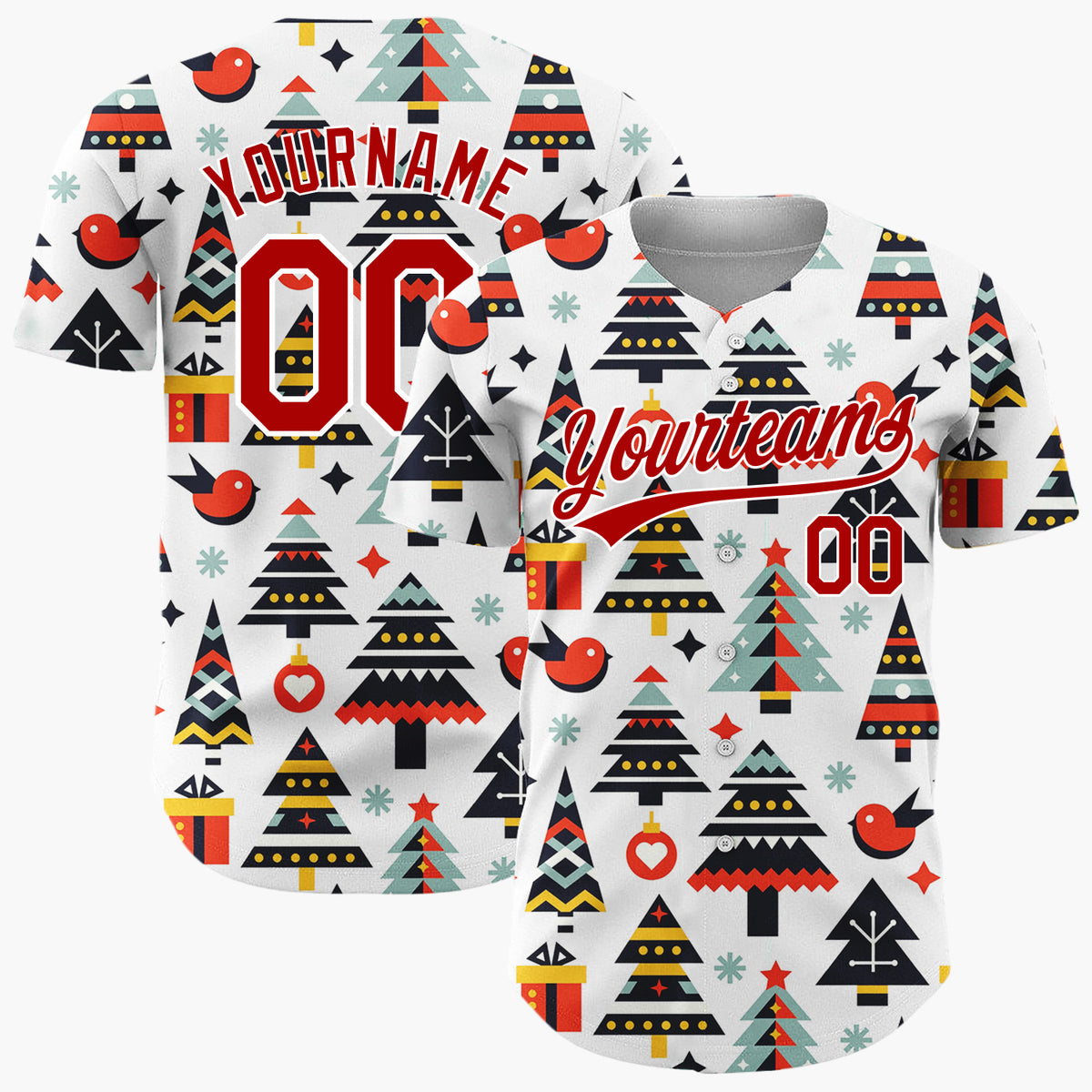 Custom White Christmas Trees Bird And Gifts Geometric Christmas Baseball Jersey