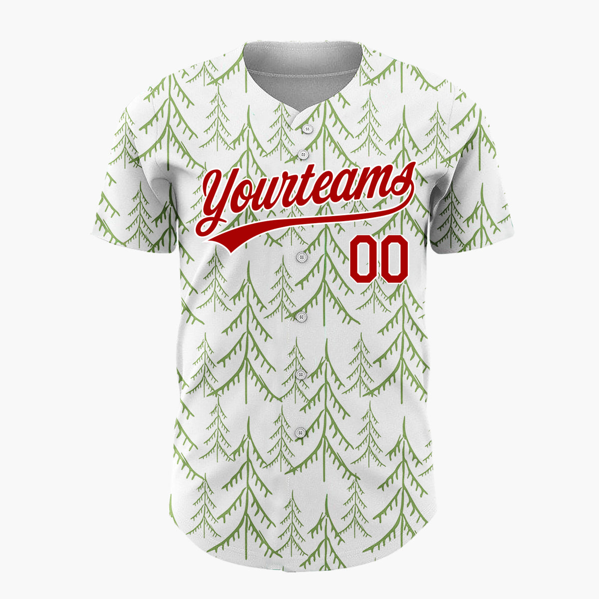 Custom White Green Pine Trees Hand Drawn Forest Pattern Christmas Baseball Jersey