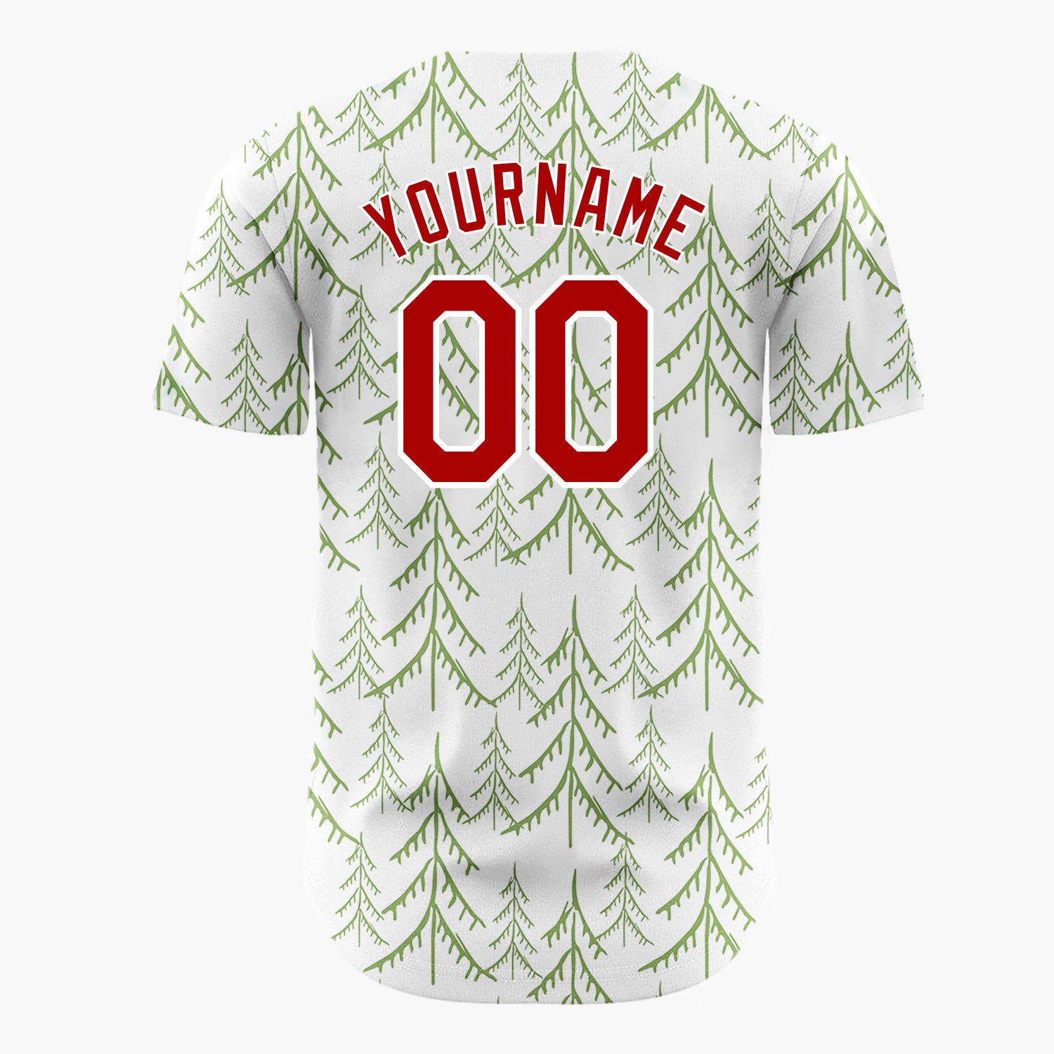Custom White Green Pine Trees Hand Drawn Forest Pattern Christmas Baseball Jersey