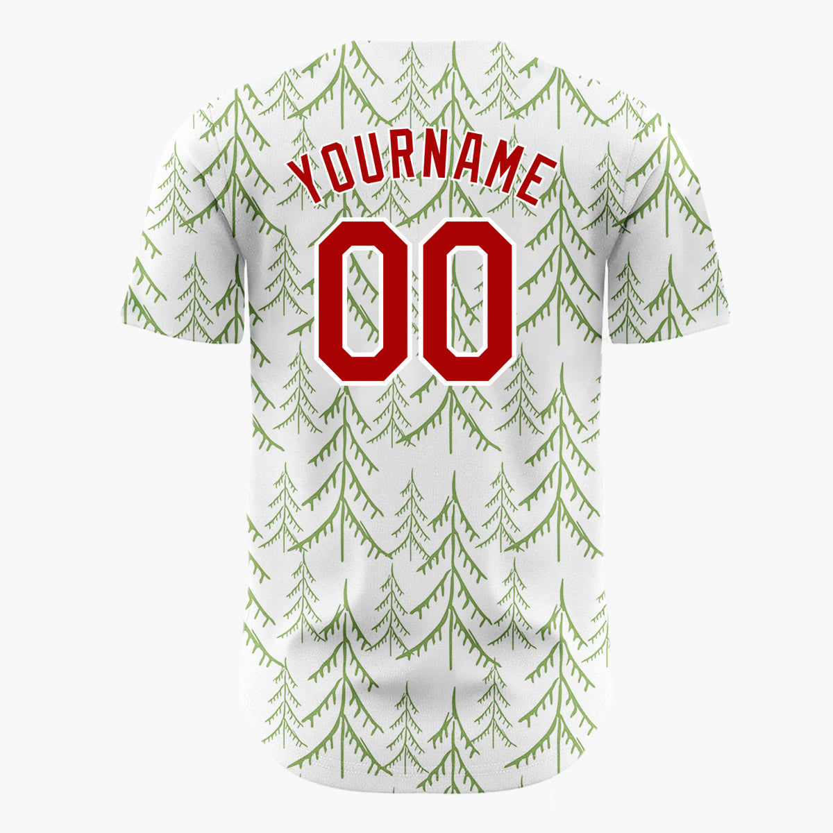 Custom White Green Pine Trees Hand Drawn Forest Pattern Christmas Baseball Jersey