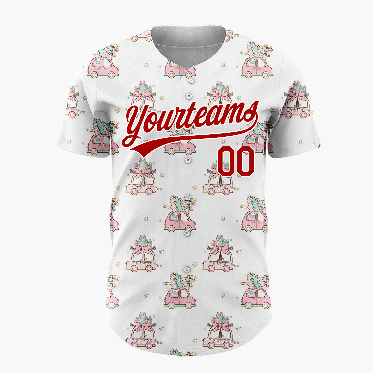 Custom White Pink Vintage Cars With Christmas Trees Kawaii Pattern Christmas Baseball Jersey