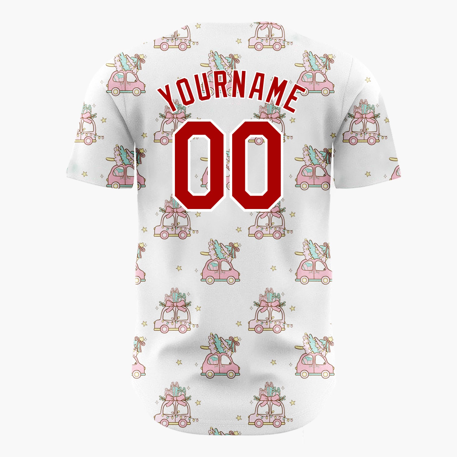 Custom White Pink Vintage Cars With Christmas Trees Kawaii Pattern Christmas Baseball Jersey