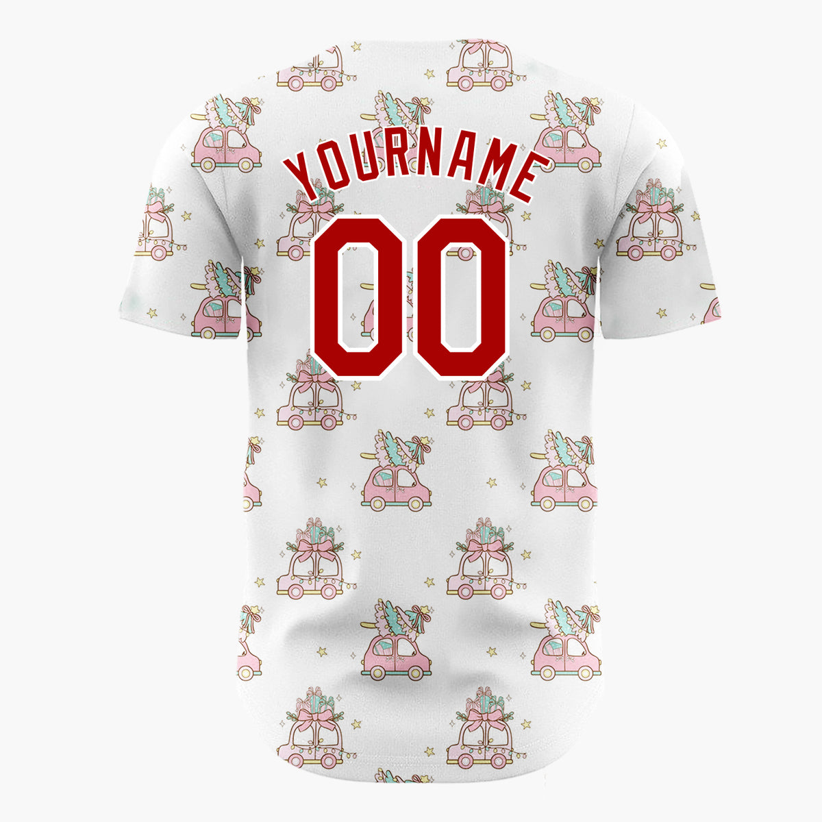 Custom White Pink Vintage Cars With Christmas Trees Kawaii Pattern Christmas Baseball Jersey