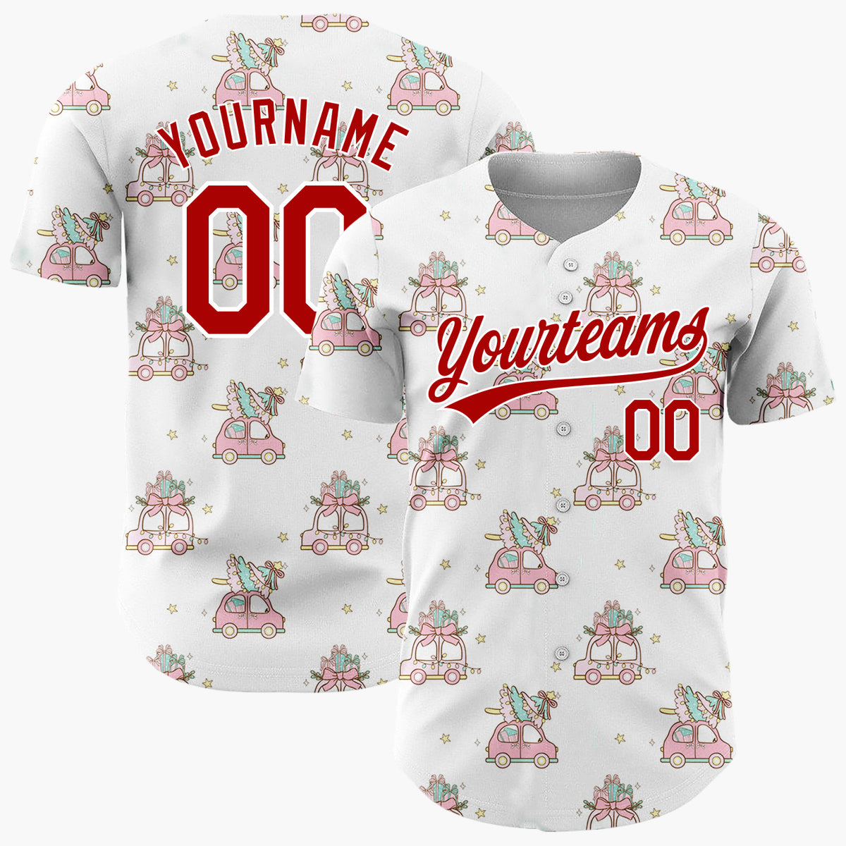 Custom White Pink Vintage Cars With Christmas Trees Kawaii Pattern Christmas Baseball Jersey