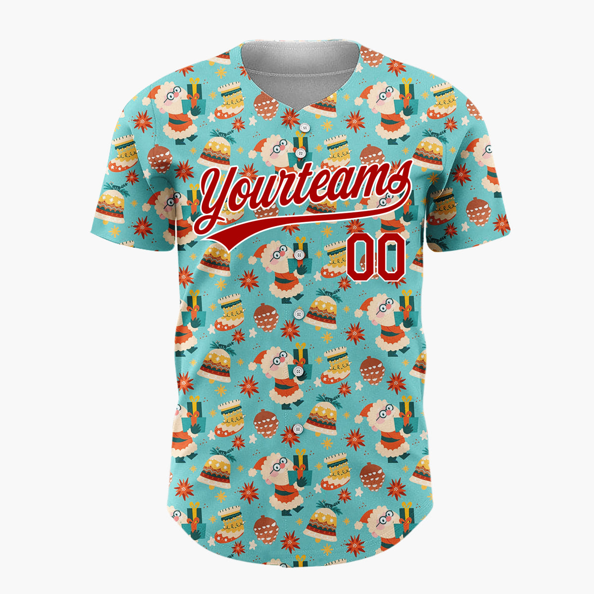Custom Teal Reindeer Santa Cozy Cartoon Pattern Christmas Baseball Jersey