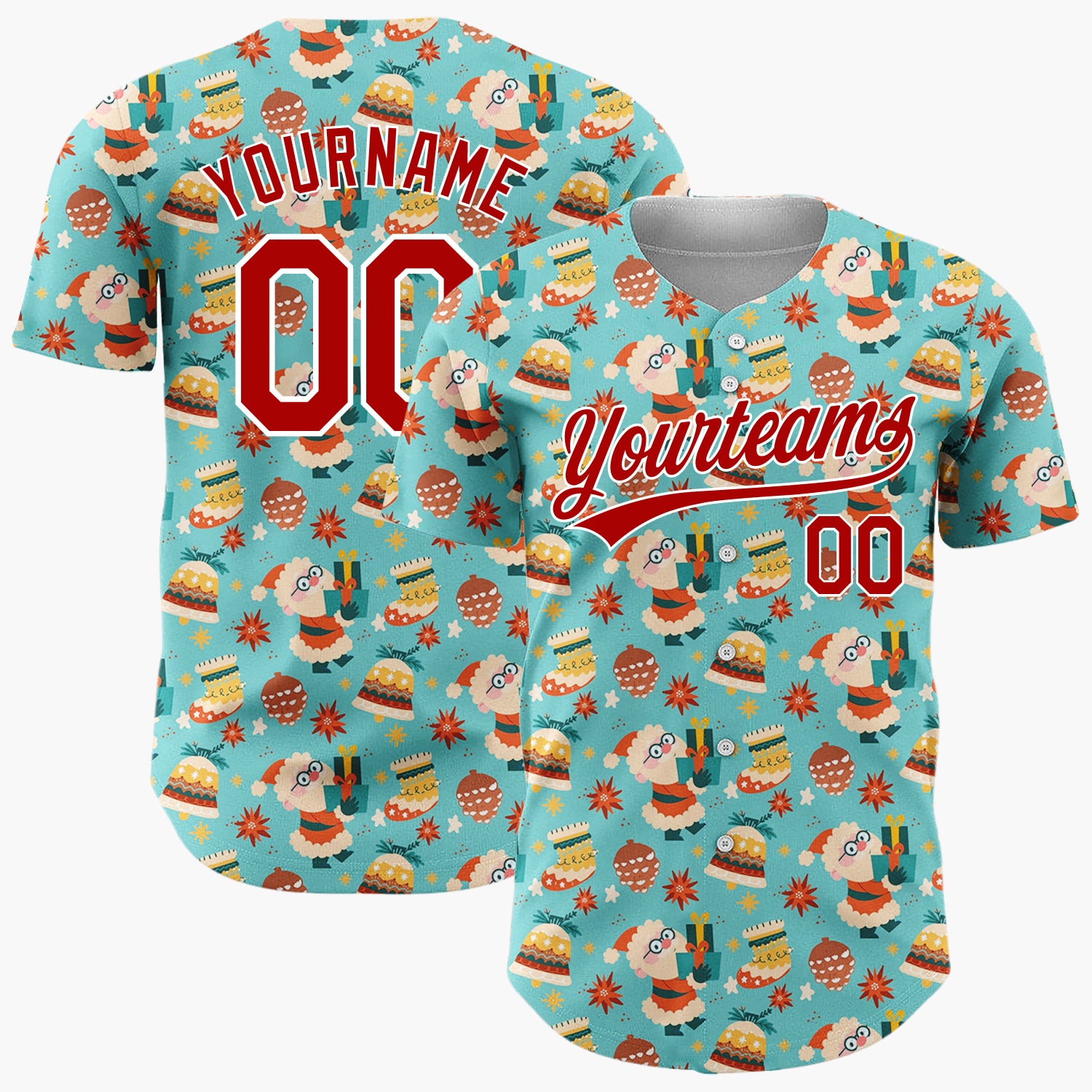 Custom Teal Reindeer Santa Cozy Cartoon Pattern Christmas Baseball Jersey