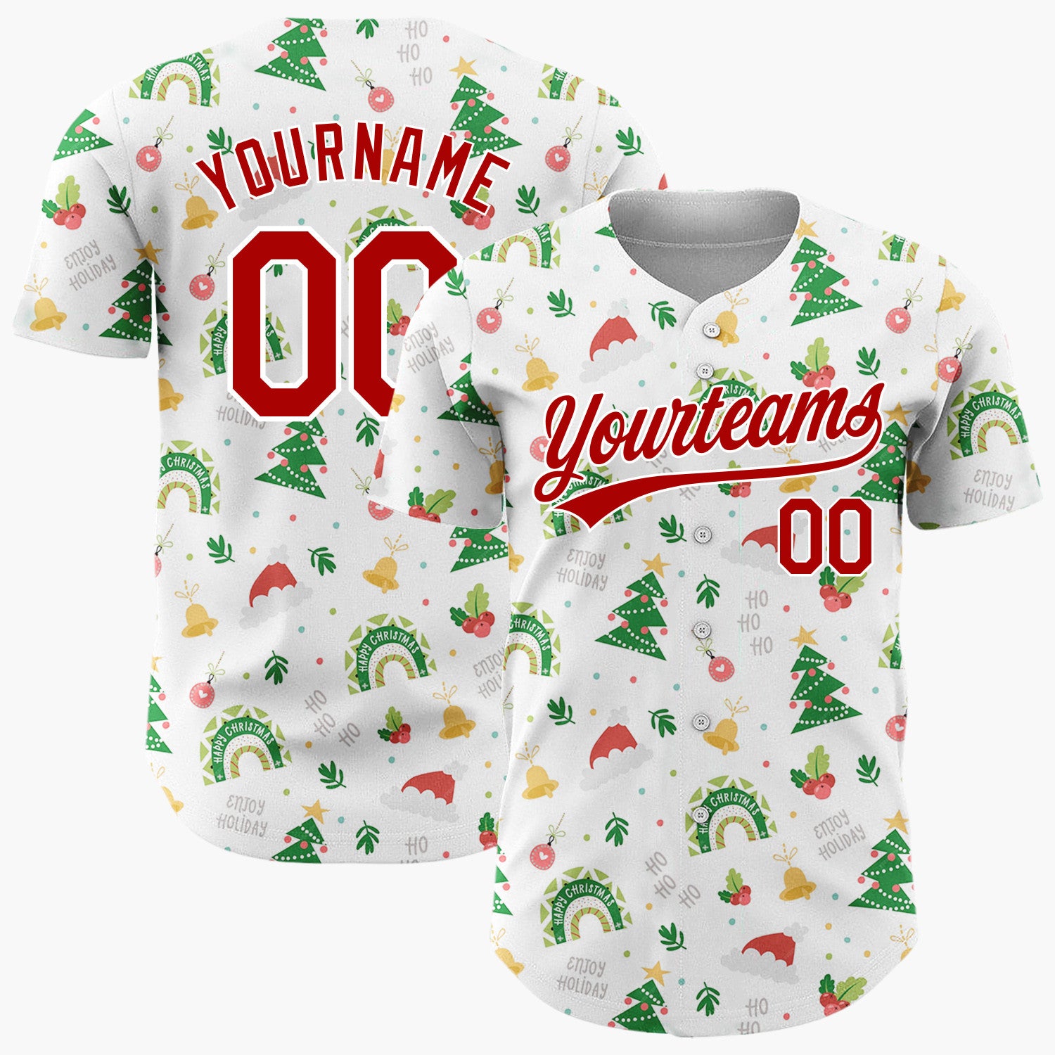Custom White Christmas Trees Hats Doodles Cartoon Pattern Christmas Baseball Jersey