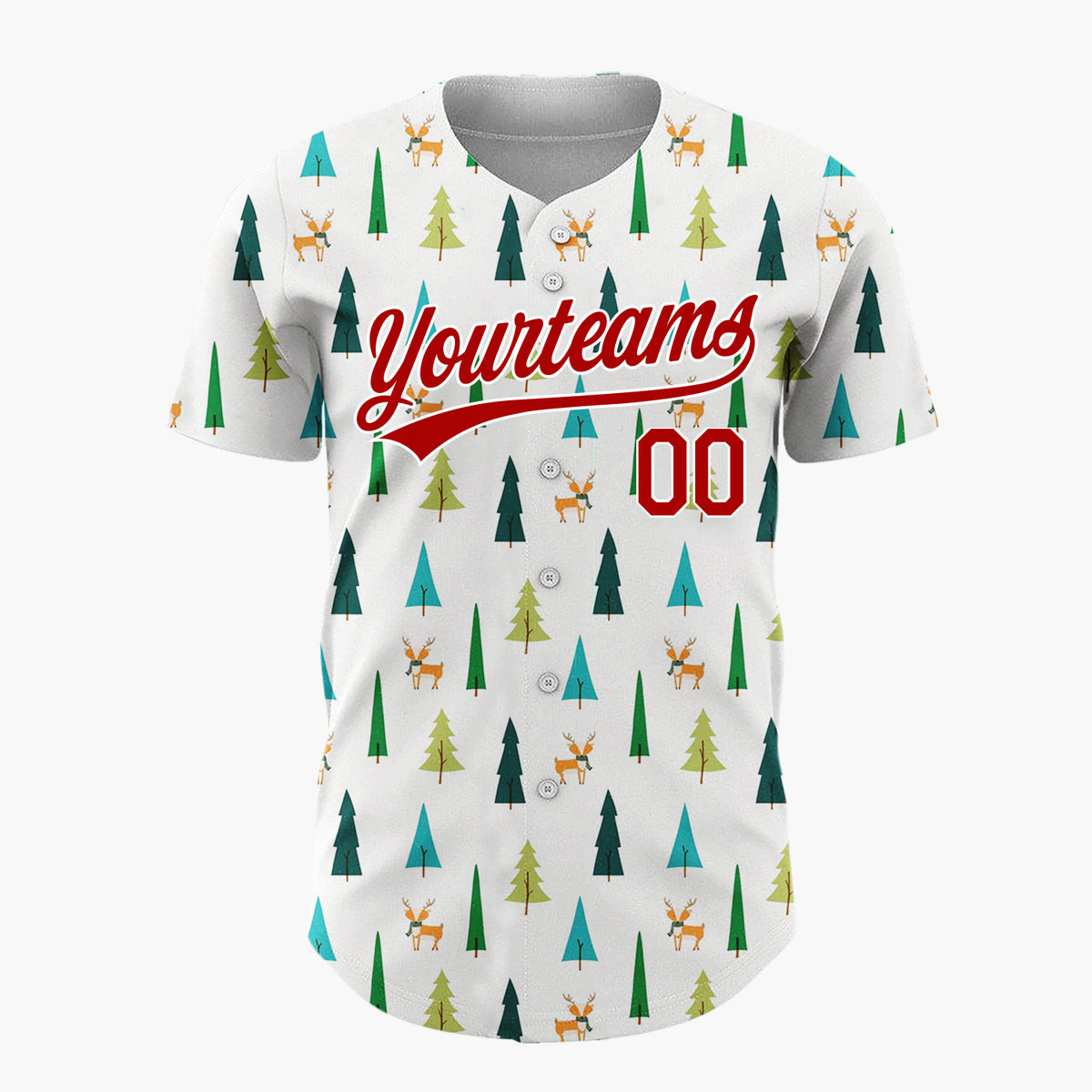 Custom White Green Reindeers And Trees Scandinavian Christmas Baseball Jersey