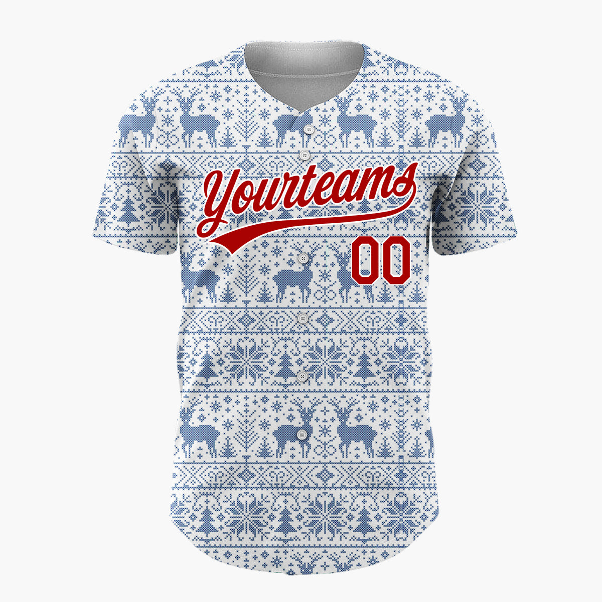Custom White Blue Reindeer Snowflake Bands Fair Isle Knitted Pattern Christmas Baseball Jersey