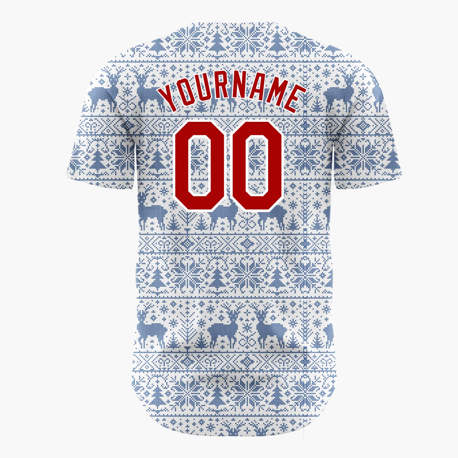 Custom White Blue Reindeer Snowflake Bands Fair Isle Knitted Pattern Christmas Baseball Jersey