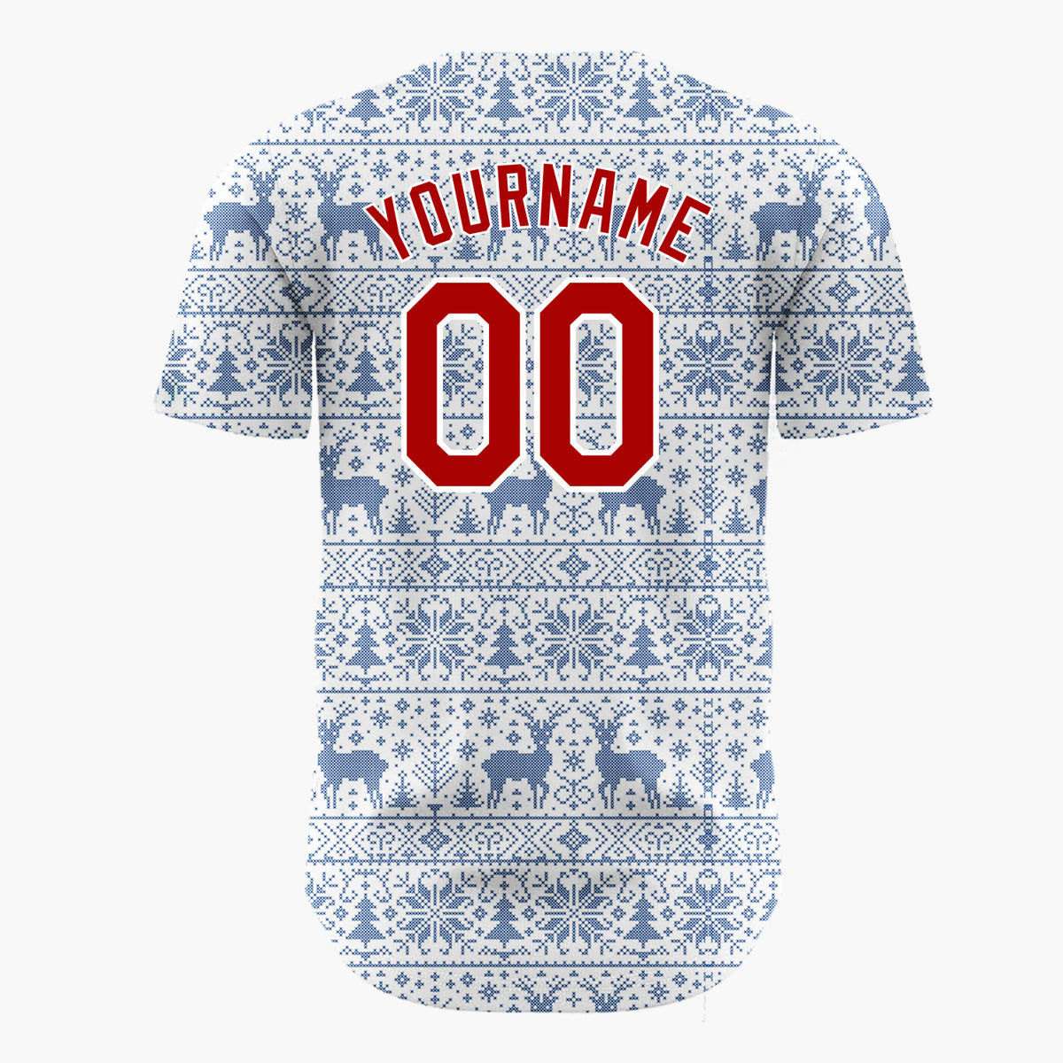 Custom White Blue Reindeer Snowflake Bands Fair Isle Knitted Pattern Christmas Baseball Jersey