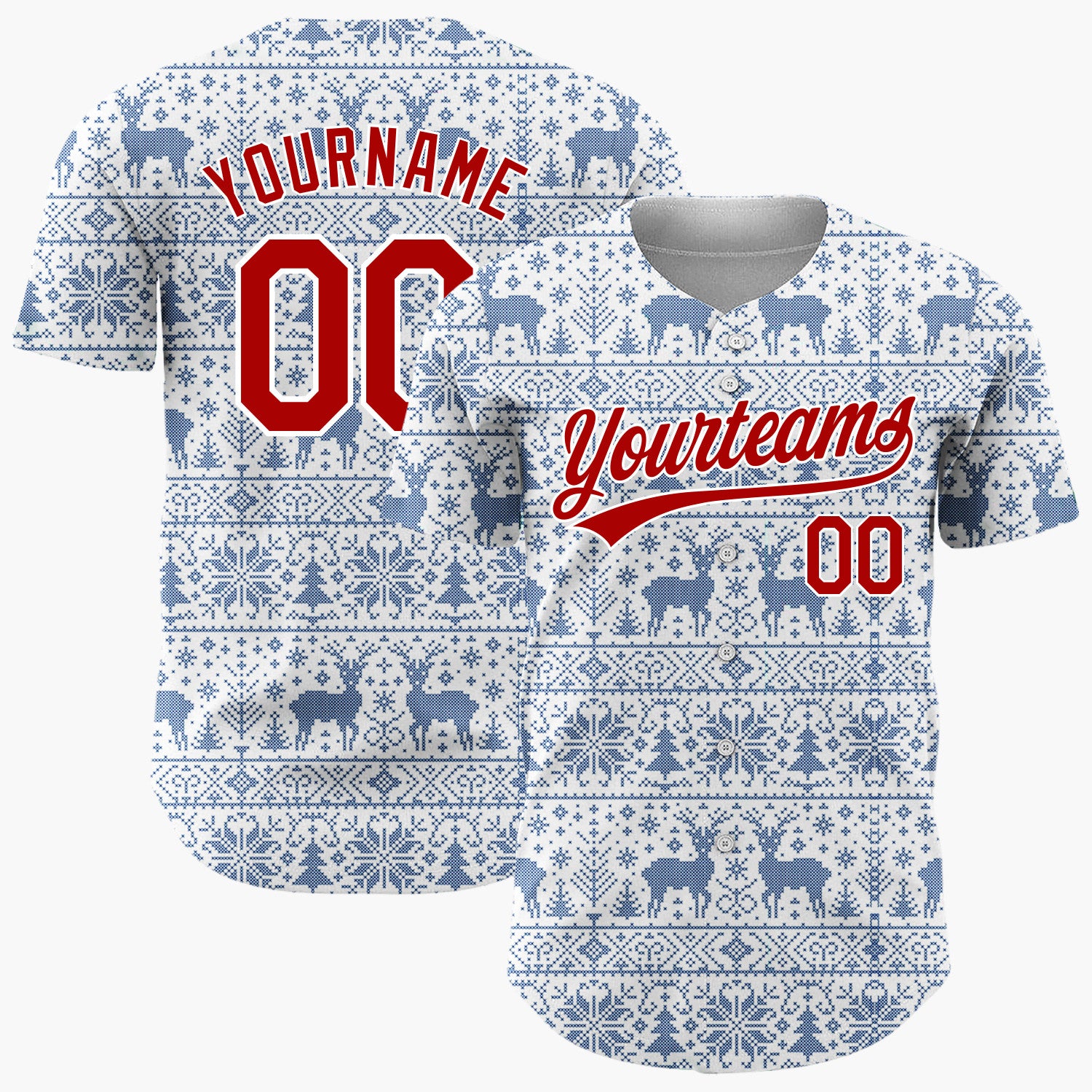 Custom White Blue Reindeer Snowflake Bands Fair Isle Knitted Pattern Christmas Baseball Jersey