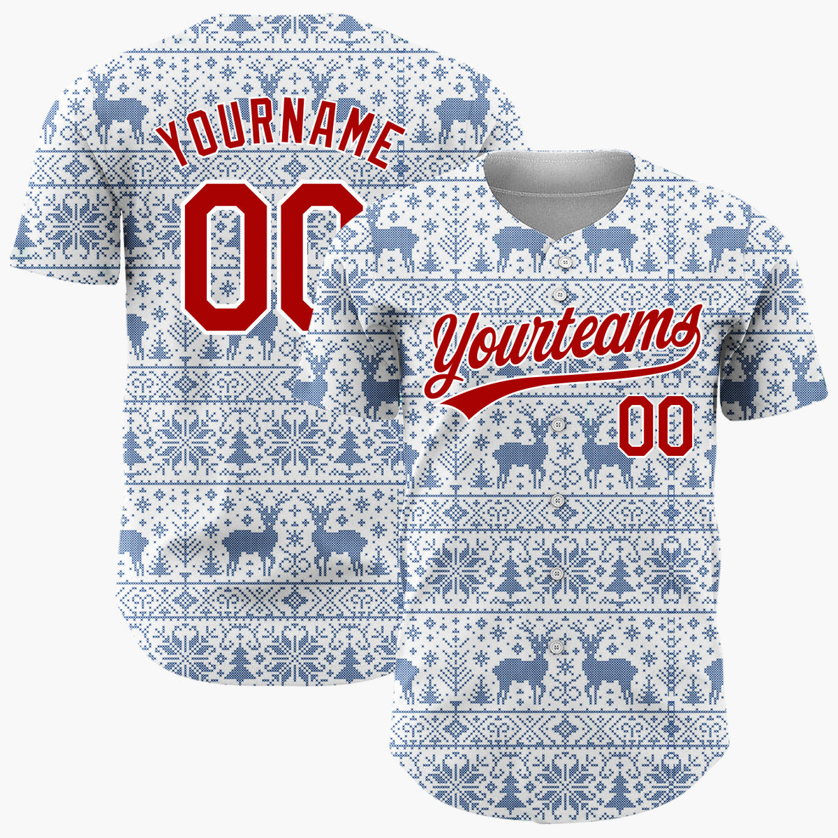 Custom White Blue Reindeer Snowflake Bands Fair Isle Knitted Pattern Christmas Baseball Jersey