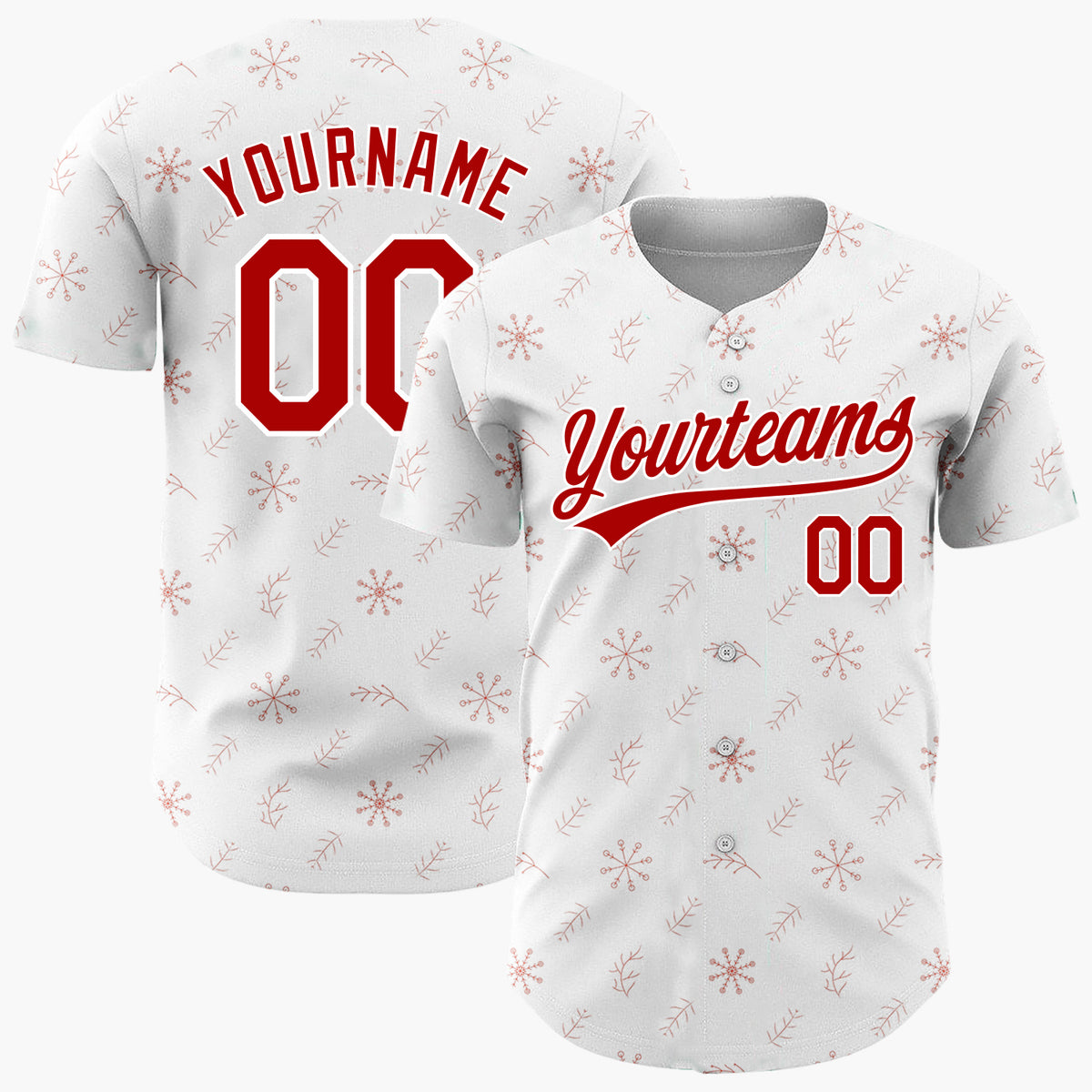 Custom White Pink Snowflakes Twigs Minimalist Dotted Pattern Christmas Baseball Jersey