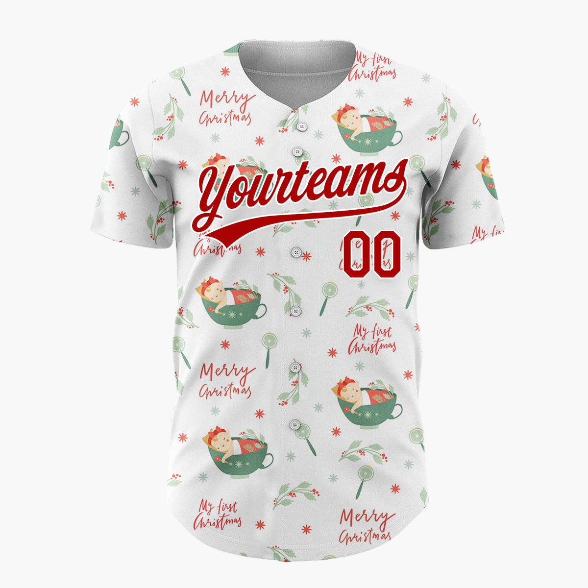 Custom White Green Red Babies In Cups My First Christmas Infant Pattern Christmas Baseball Jersey