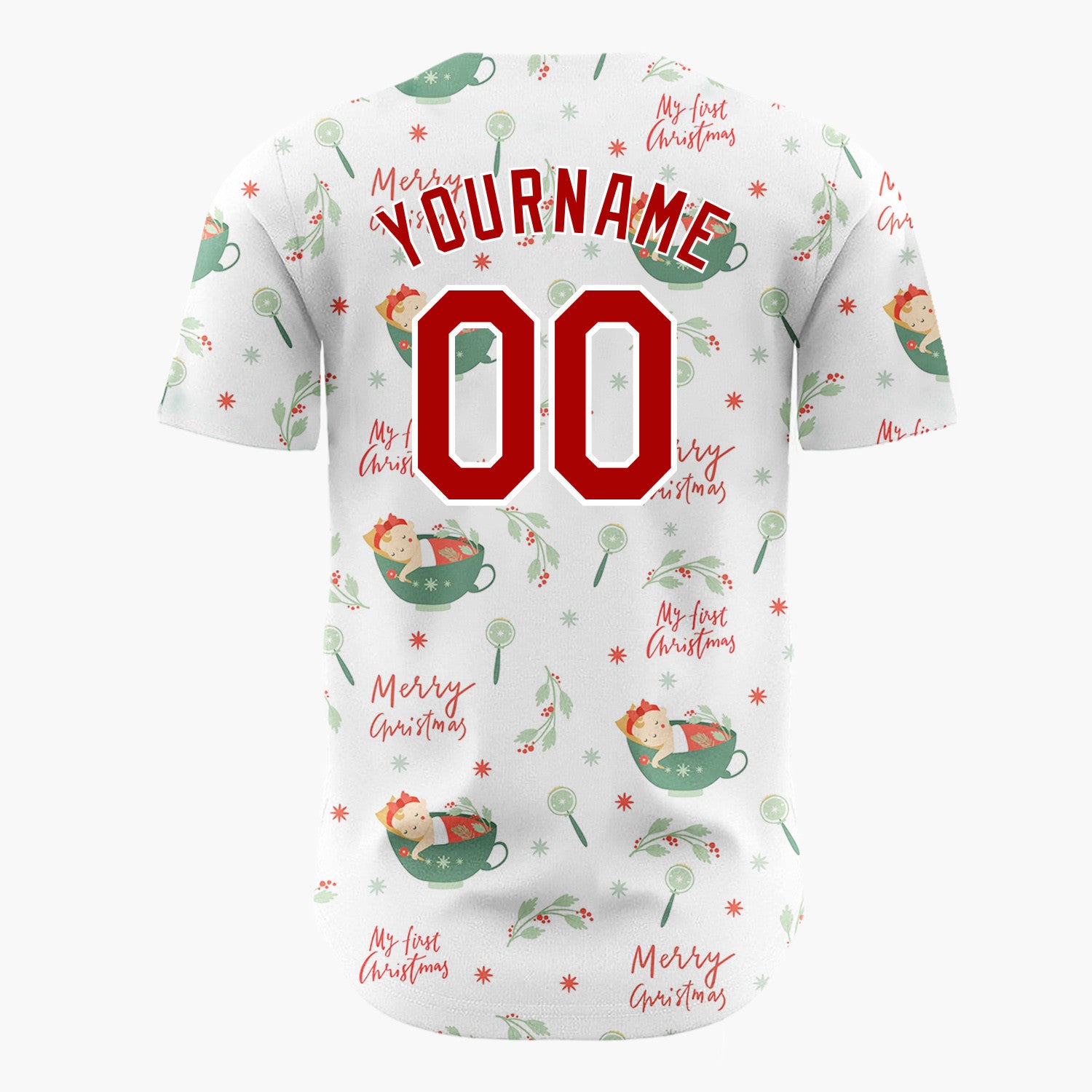 Custom White Green Red Babies In Cups My First Christmas Infant Pattern Christmas Baseball Jersey