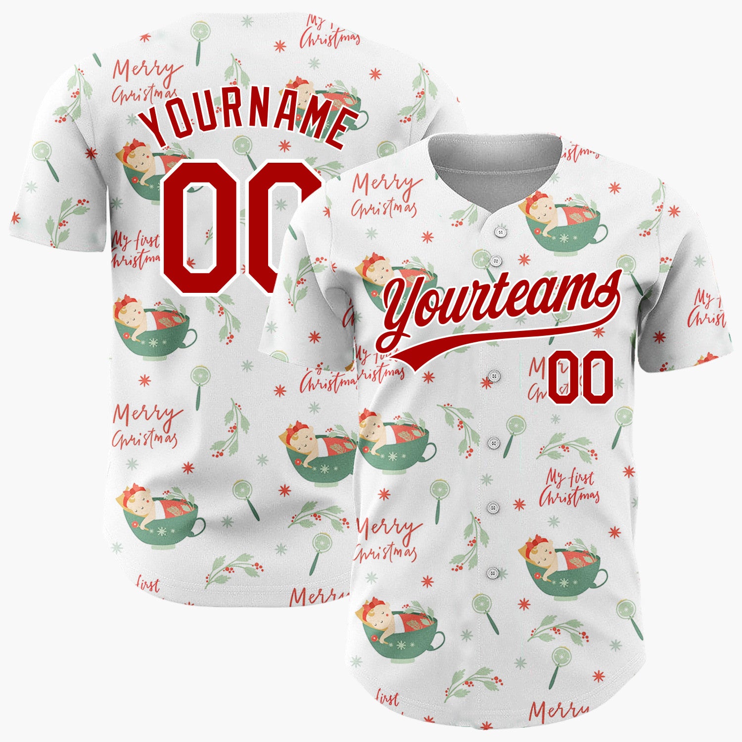 Custom White Green Red Babies In Cups My First Christmas Infant Pattern Christmas Baseball Jersey