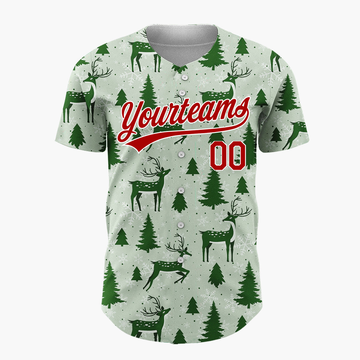 Custom Sage Green Reindeer And Pine Trees Graphic Holiday Pattern Christmas Baseball Jersey
