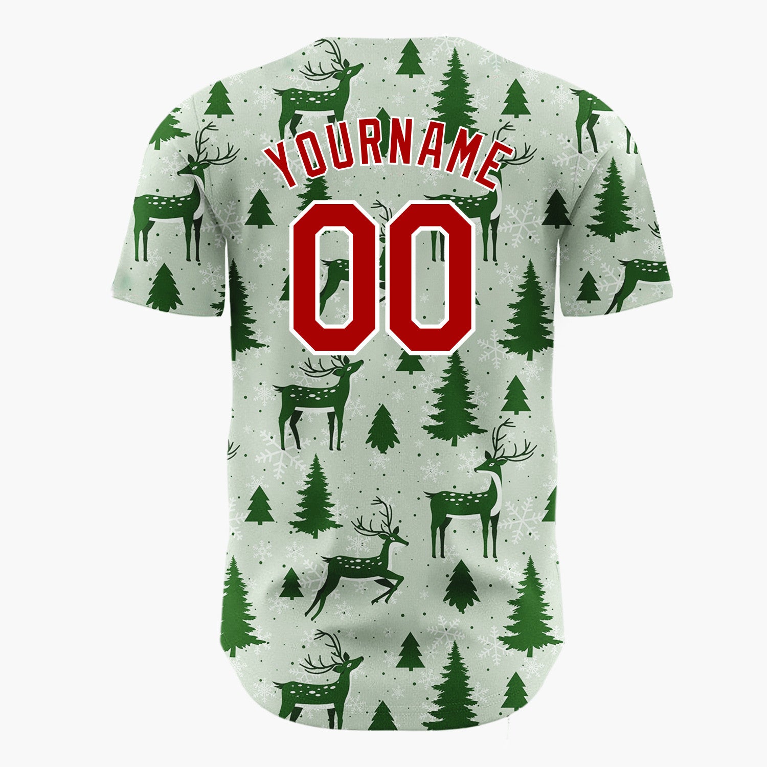 Custom Sage Green Reindeer And Pine Trees Graphic Holiday Pattern Christmas Baseball Jersey