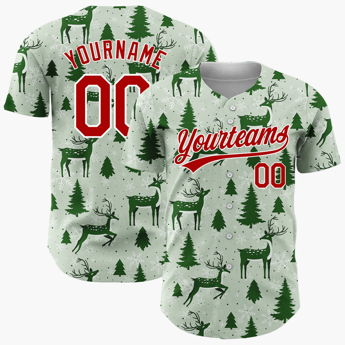 Custom Sage Green Reindeer And Pine Trees Graphic Holiday Pattern Christmas Baseball Jersey