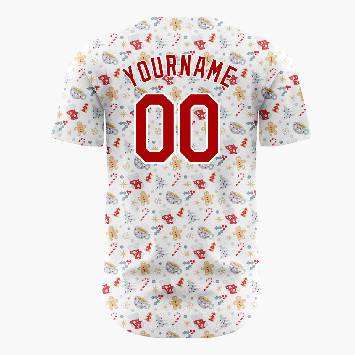 Custom White Red Gold Gingerbread Cocoa Cups And Stars Cozy Christmas Baseball Jersey