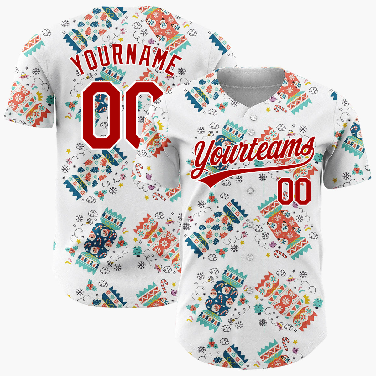 Custom White Crackers Stars And Snowflakes Fun Holiday Pattern Christmas Baseball Jersey