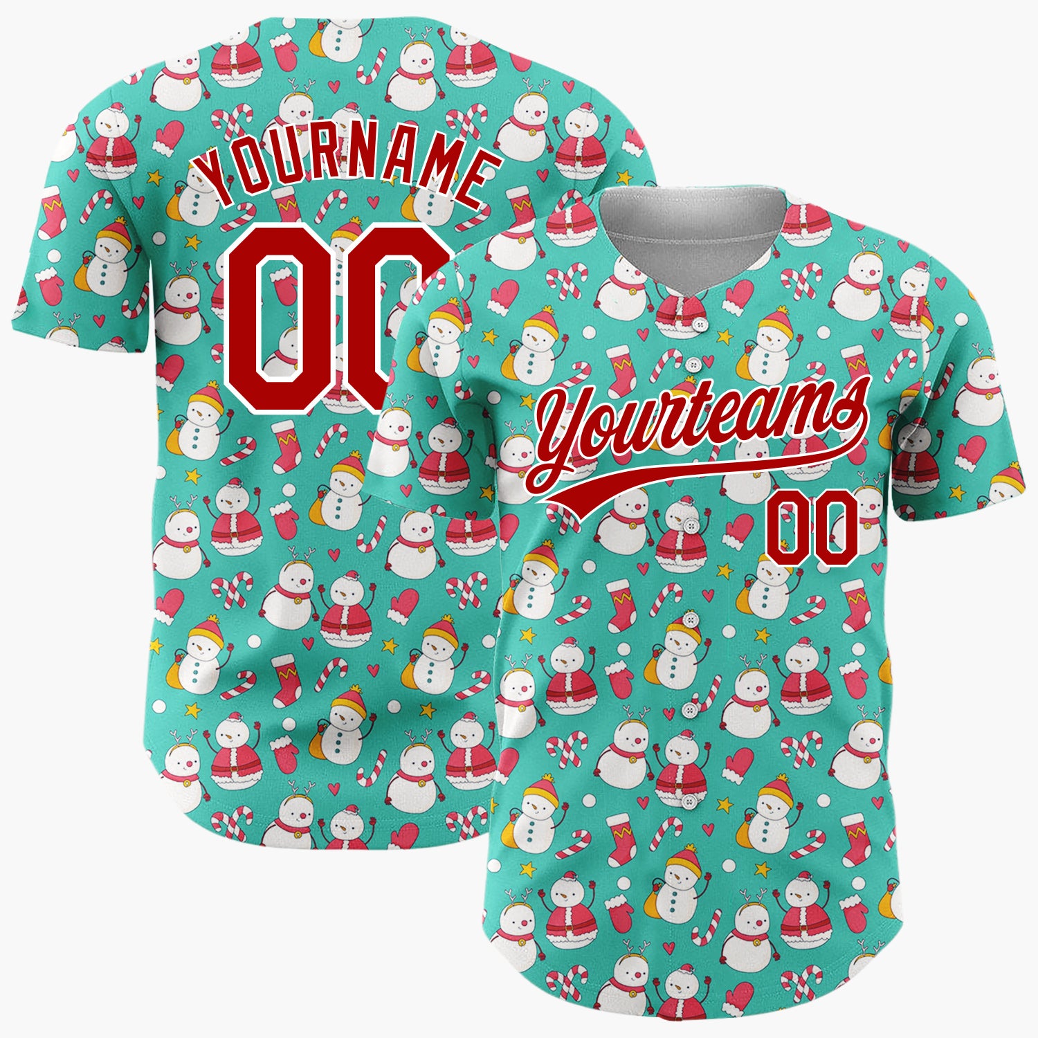 Custom Teal Snowman Christmas Fun Cartoon Pattern Christmas Baseball Jersey