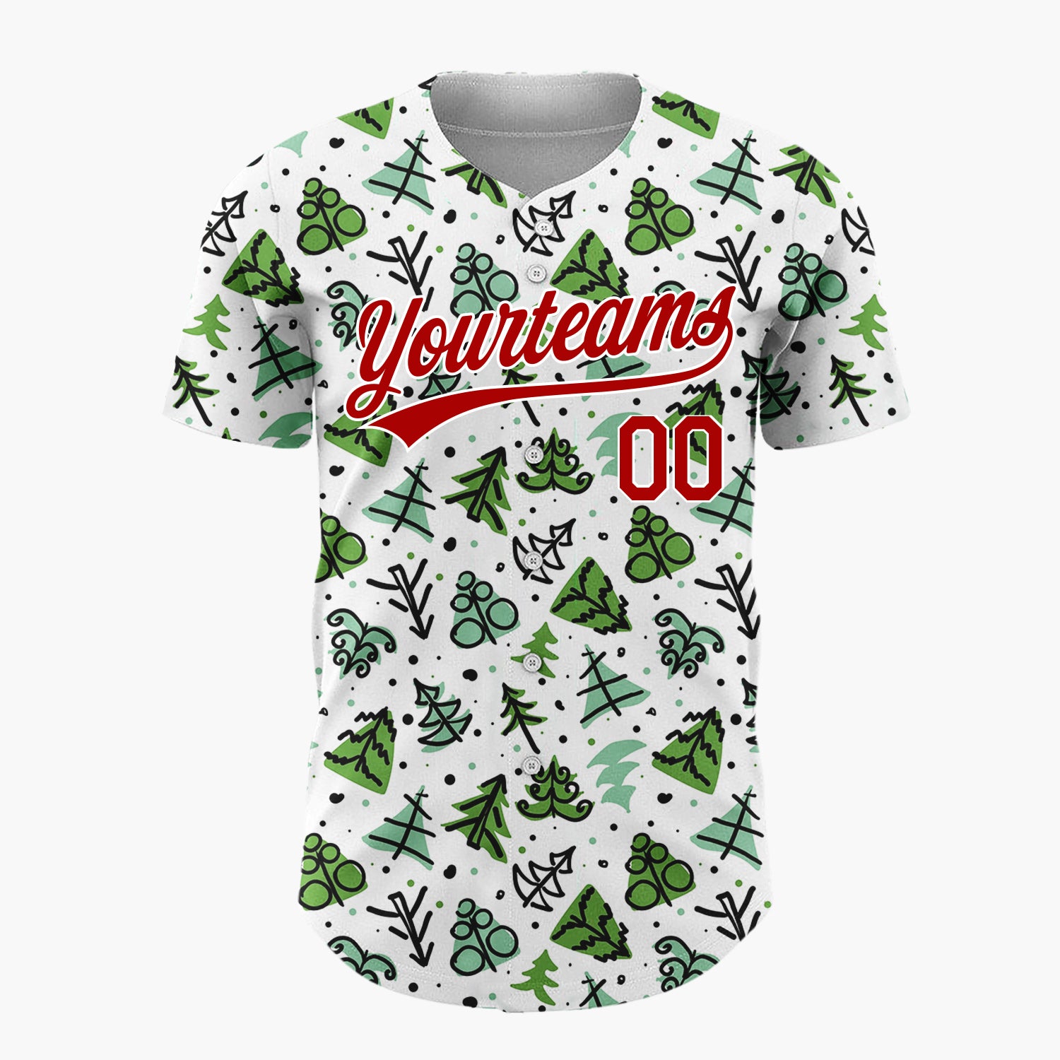 Custom White Green Christmas Tree Branch Doodle Pattern Christmas Baseball Jersey