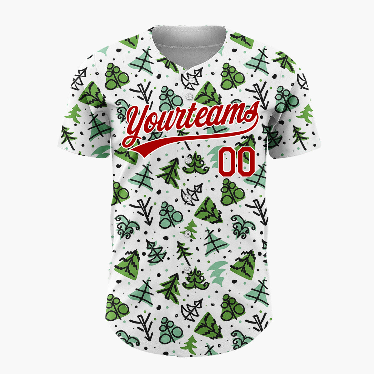 Custom White Green Christmas Tree Branch Doodle Pattern Christmas Baseball Jersey