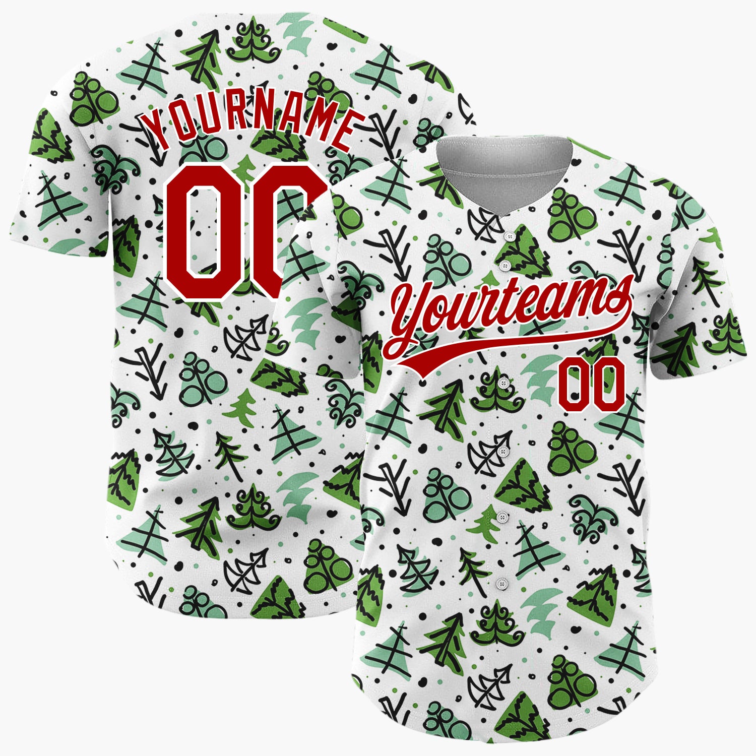 Custom White Green Christmas Tree Branch Doodle Pattern Christmas Baseball Jersey