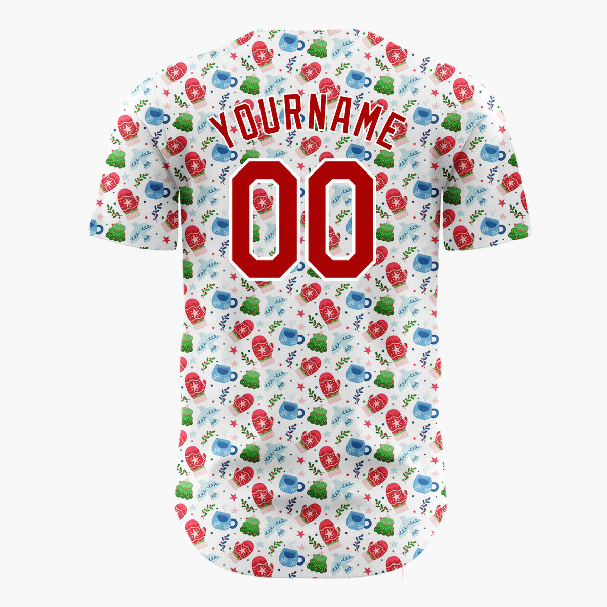 Custom White Red Blue Mittens Cups And Winter Leaves Cozy Christmas Baseball Jersey