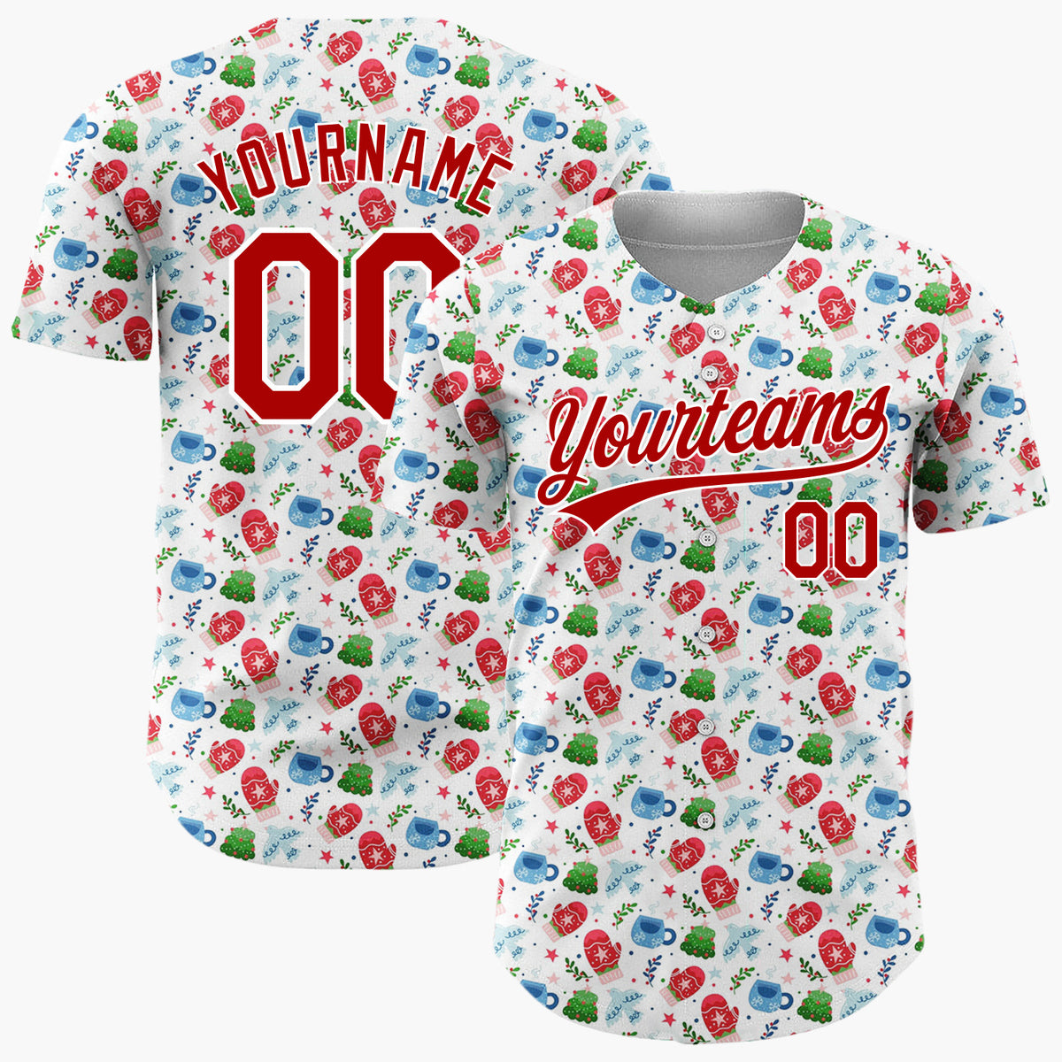 Custom White Red Blue Mittens Cups And Winter Leaves Cozy Christmas Baseball Jersey