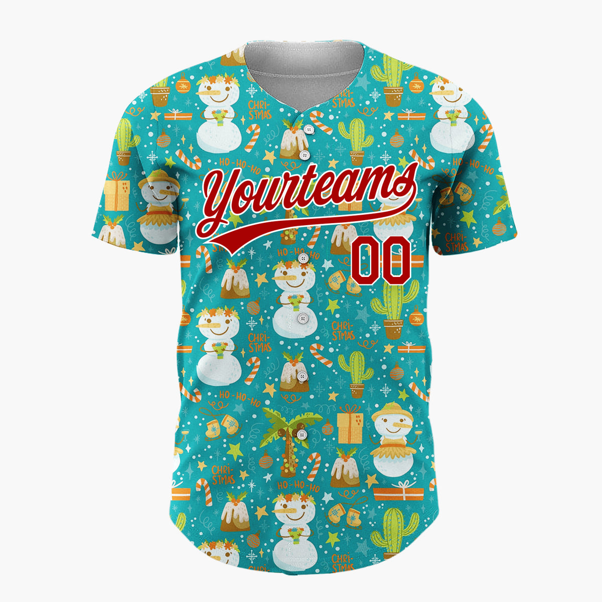 Custom Teal Blue Tropical Snowmen And Cacti Fun Novelty Pattern Christmas Baseball Jersey