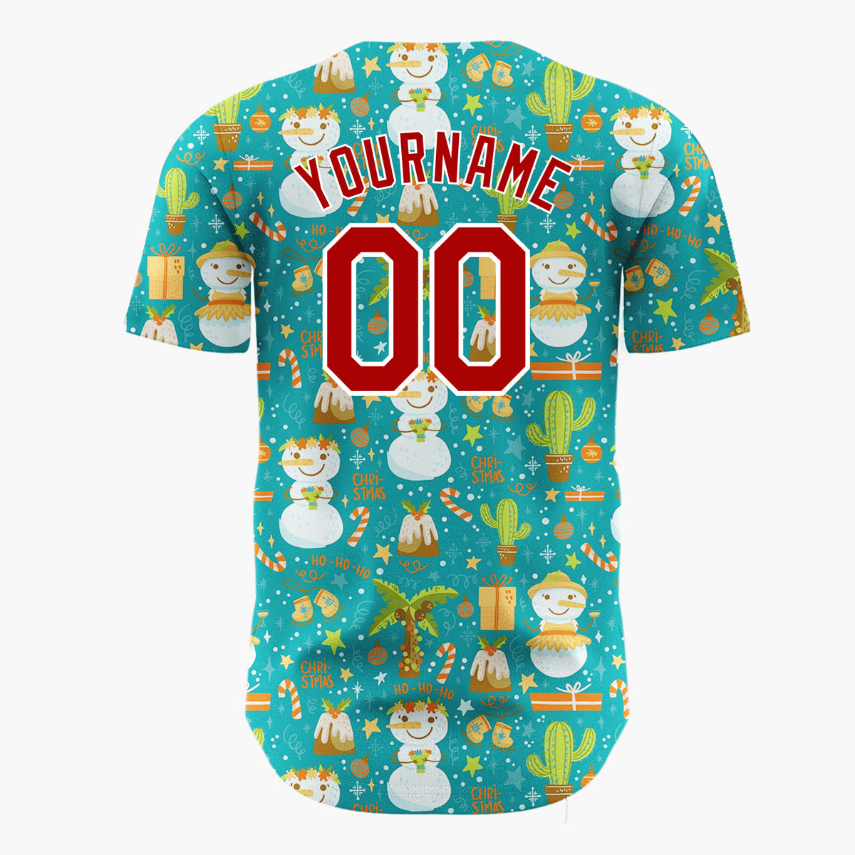 Custom Teal Blue Tropical Snowmen And Cacti Fun Novelty Pattern Christmas Baseball Jersey