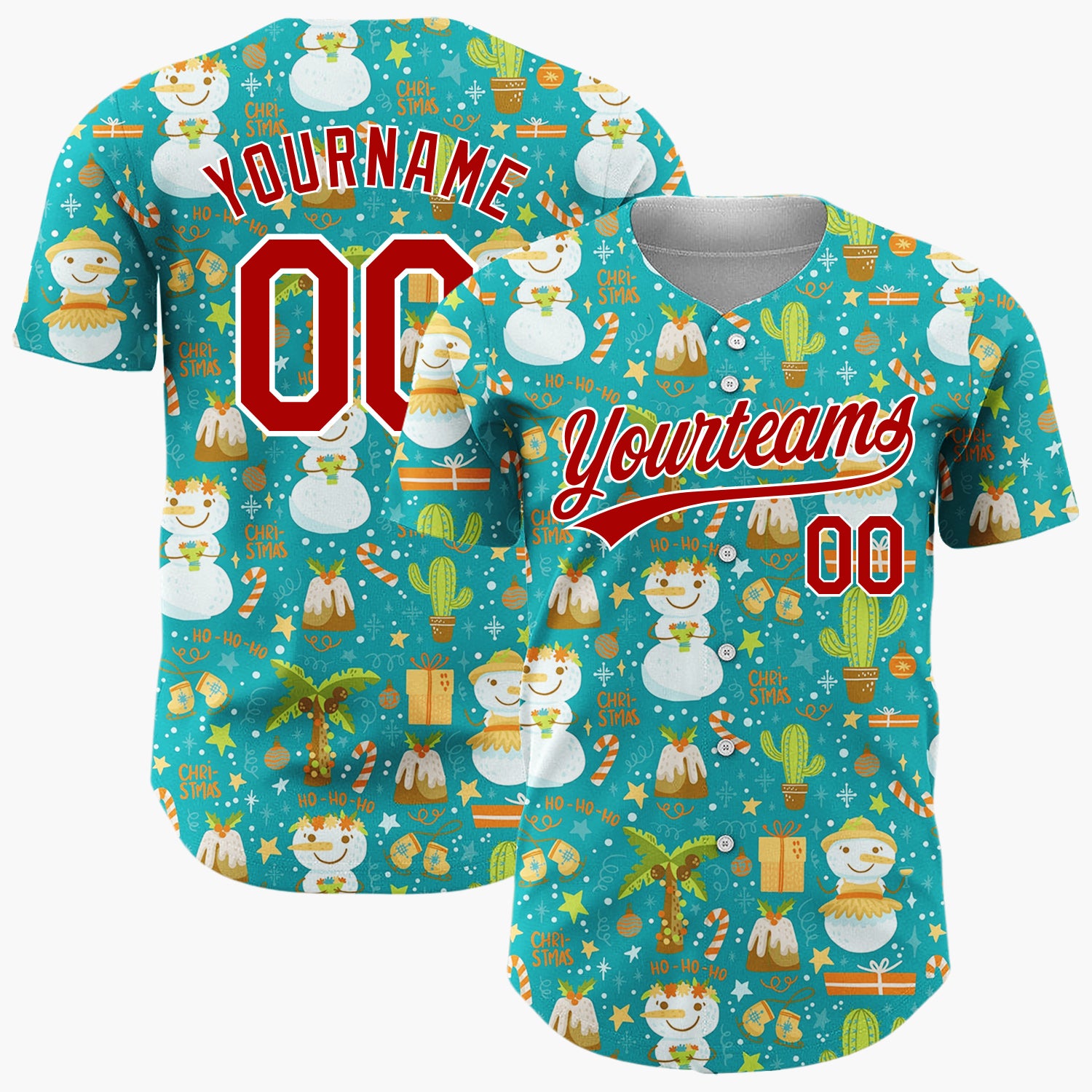 Custom Teal Blue Tropical Snowmen And Cacti Fun Novelty Pattern Christmas Baseball Jersey