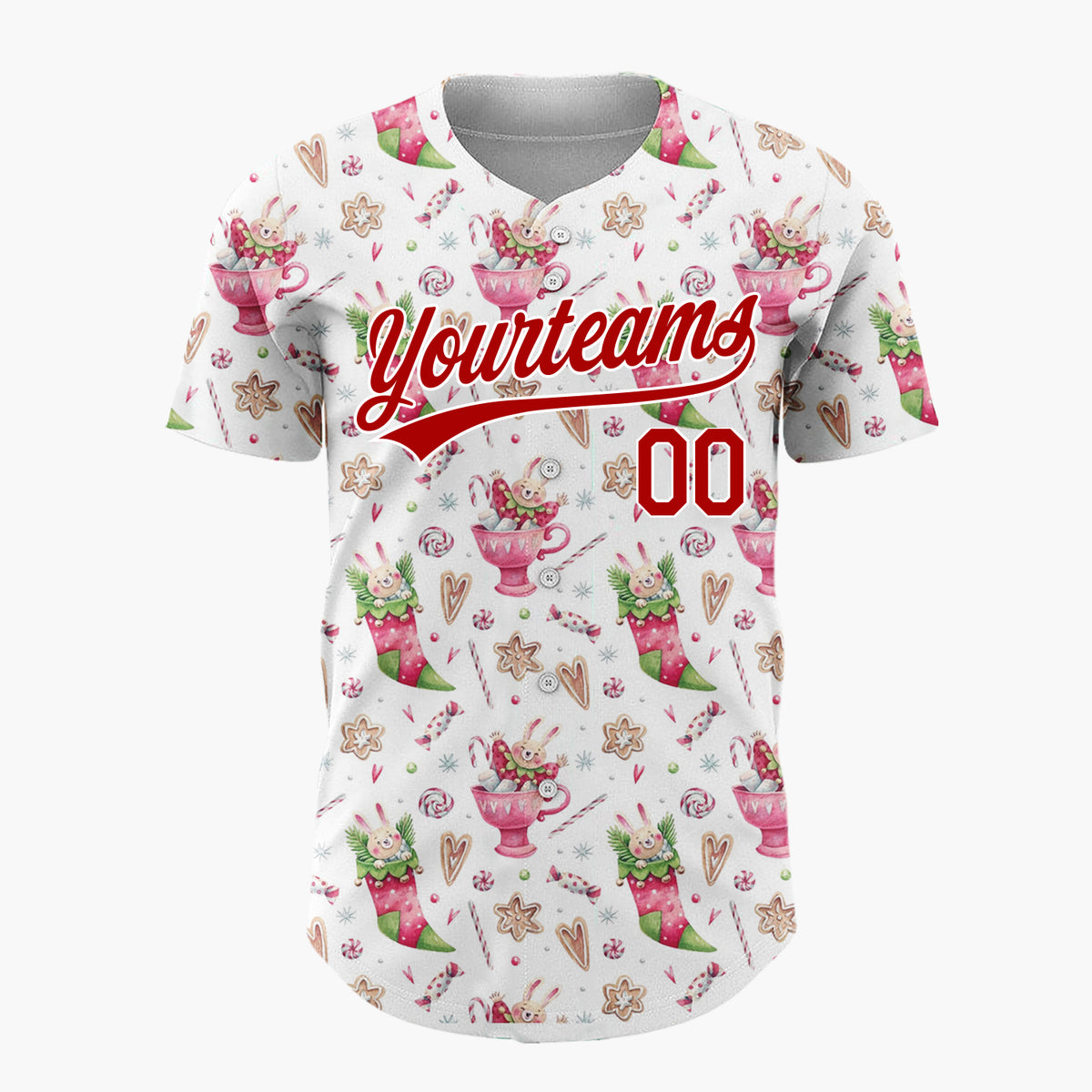 Custom White Pink Bunnies Stockings And Candy Sweet Christmas Baseball Jersey