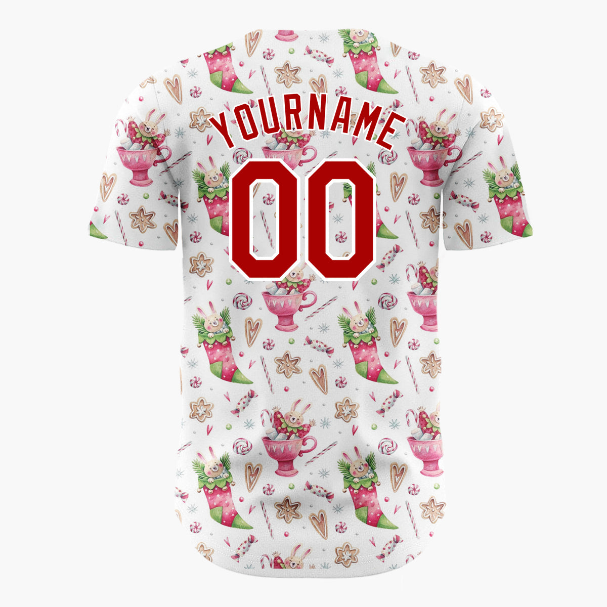 Custom White Pink Bunnies Stockings And Candy Sweet Christmas Baseball Jersey
