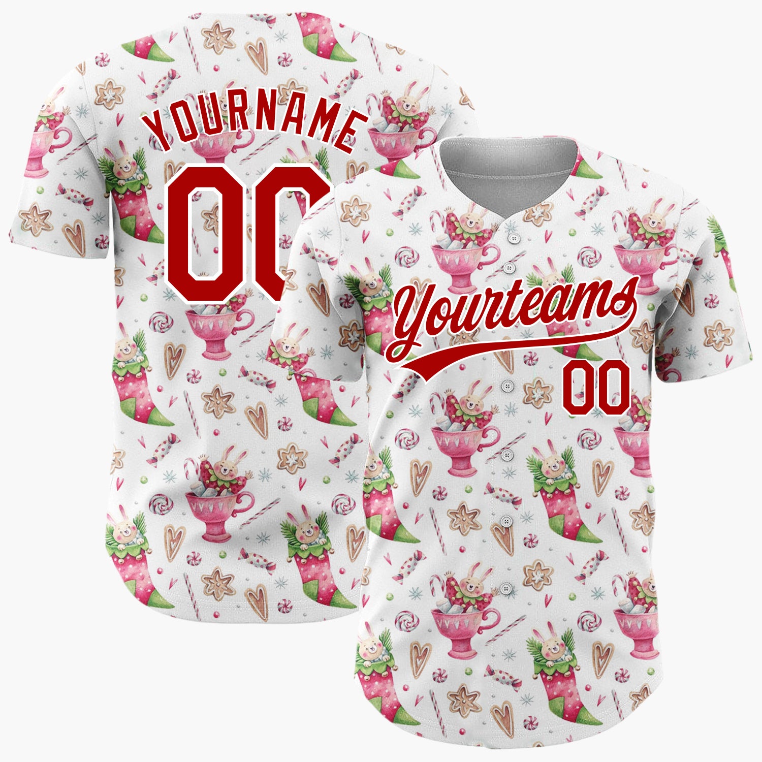 Custom White Pink Bunnies Stockings And Candy Sweet Christmas Baseball Jersey