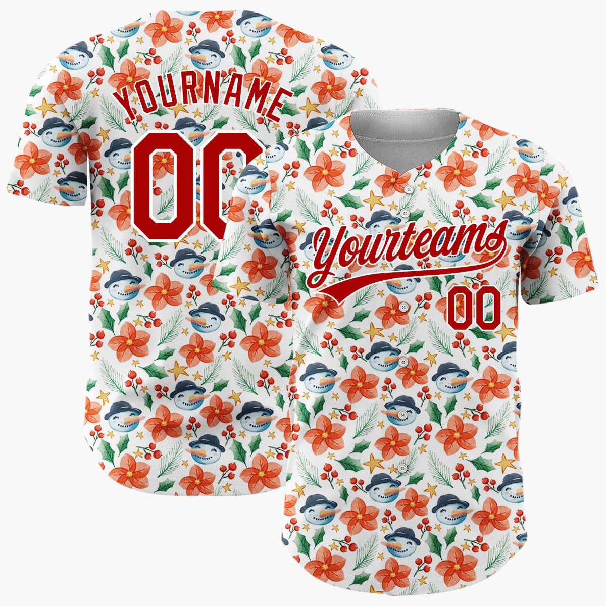 Custom White Christmas Flowers Snowman Cartoon Pattern Christmas Baseball Jersey