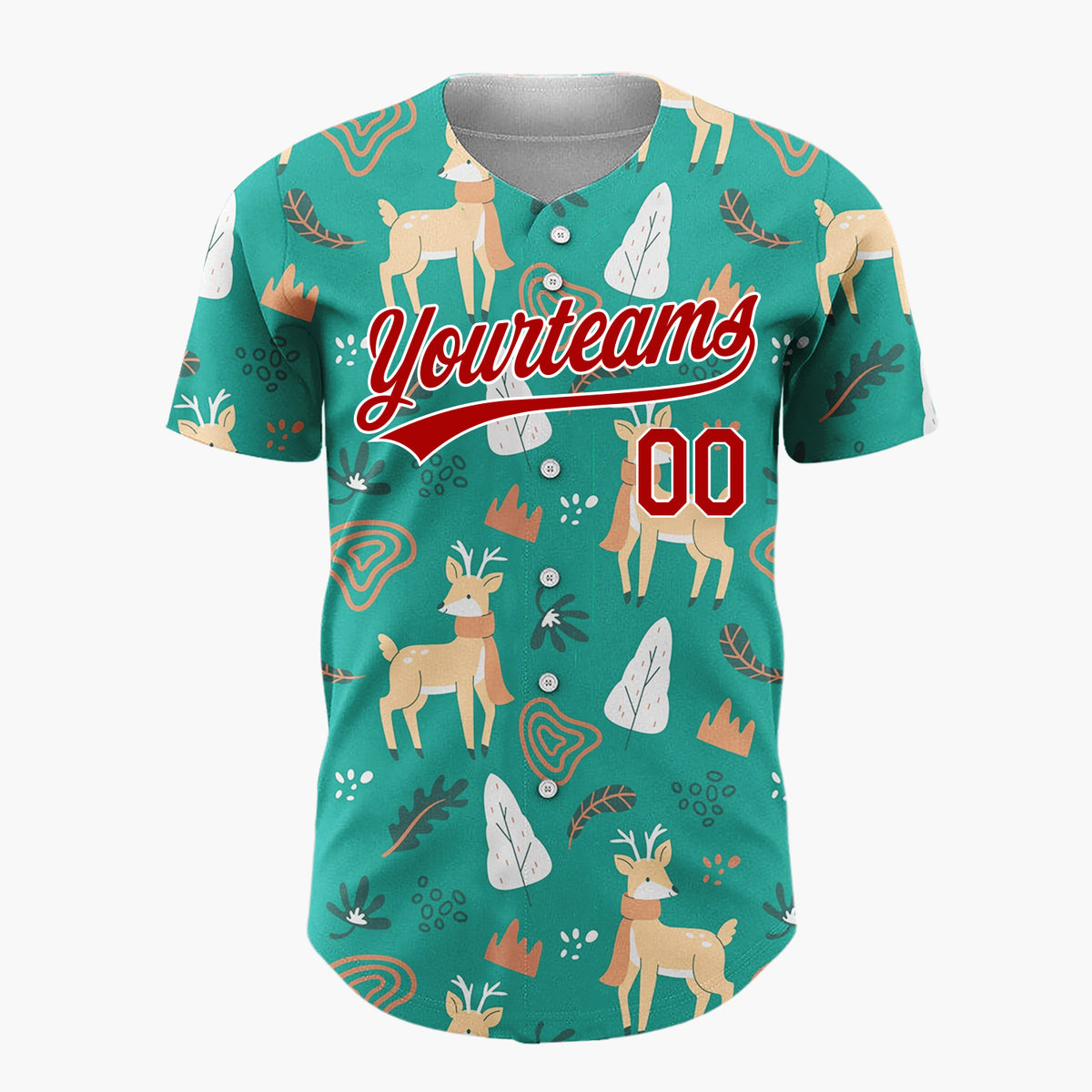 Custom Teal Reindeers With Leaves Modern Winter Forest Pattern Christmas Baseball Jersey