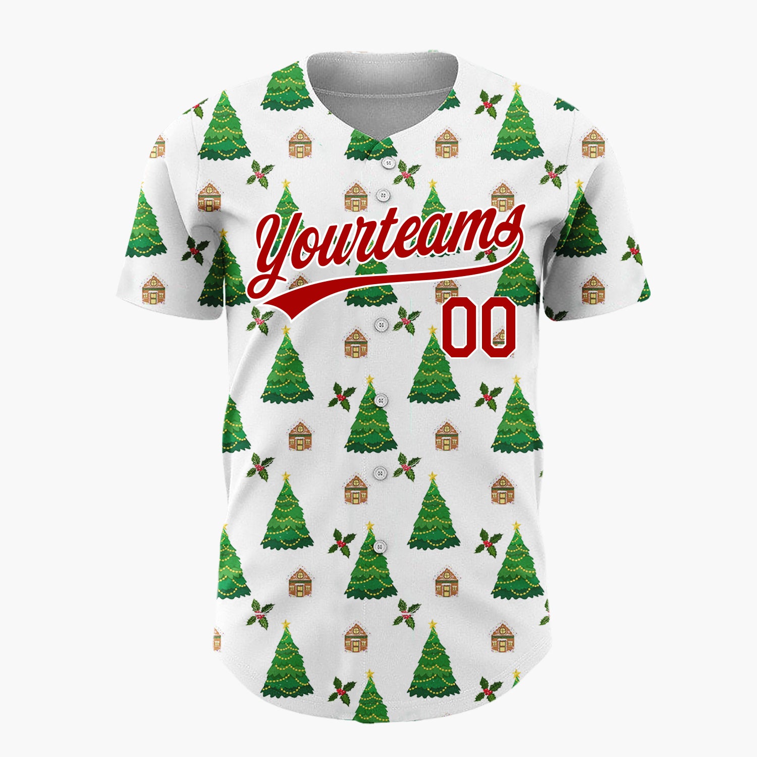 Custom White Christmas Tree And Cottage Festive Pattern Christmas Baseball Jersey