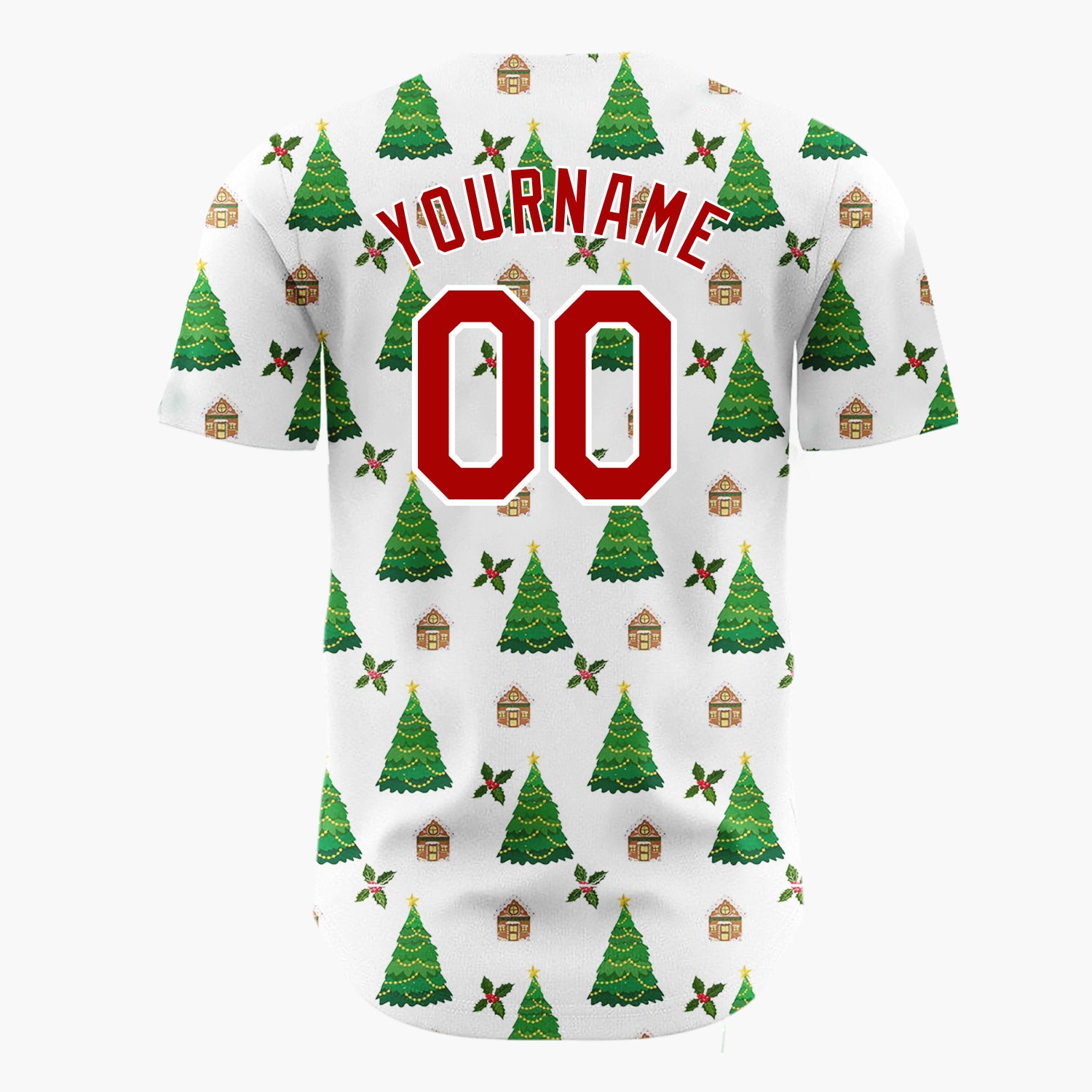 Custom White Christmas Tree And Cottage Festive Pattern Christmas Baseball Jersey