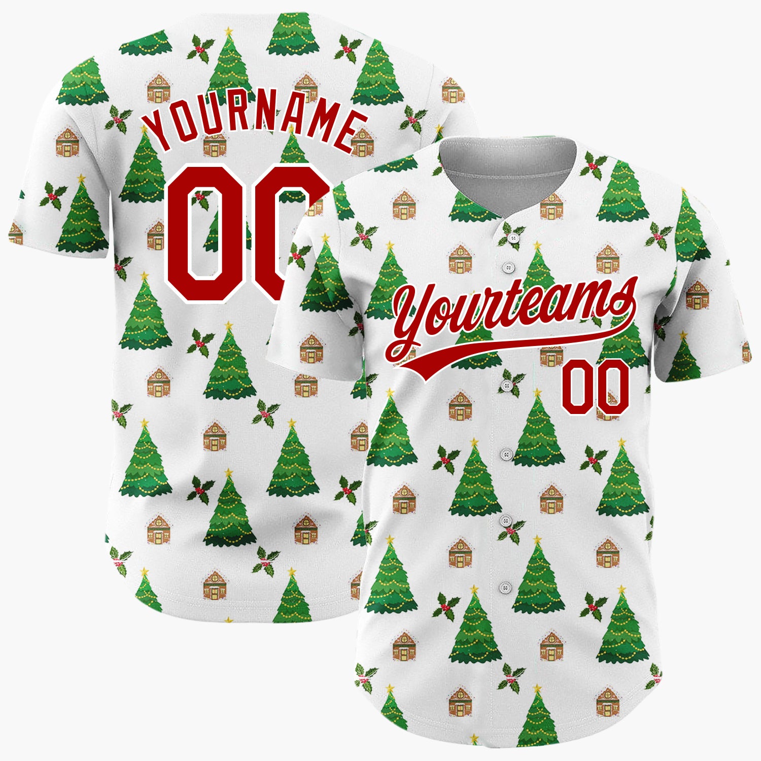 Custom White Christmas Tree And Cottage Festive Pattern Christmas Baseball Jersey