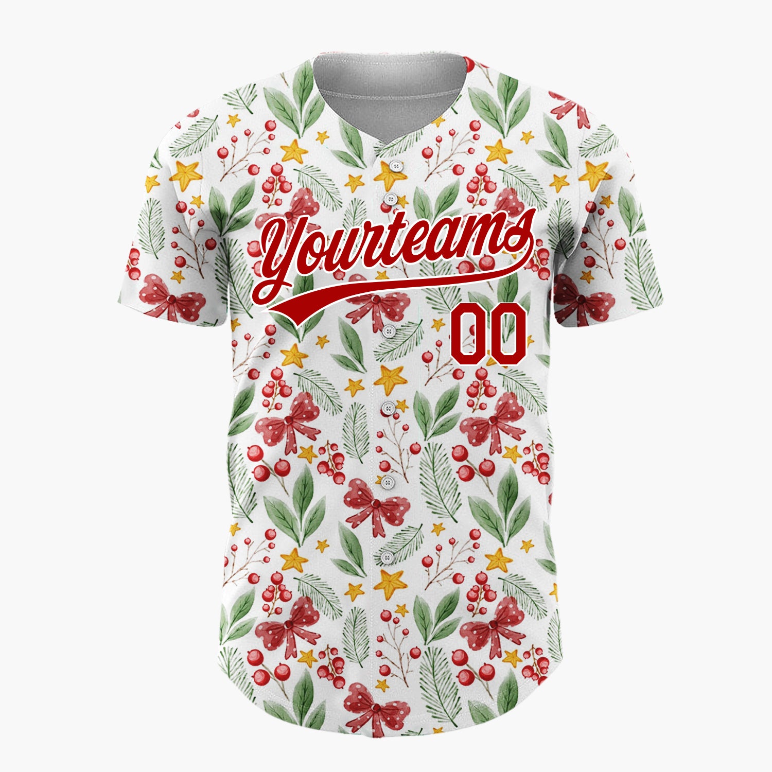 Custom White Red Green Berries Bows And Stars Watercolor Botanical Pattern Christmas Baseball Jersey