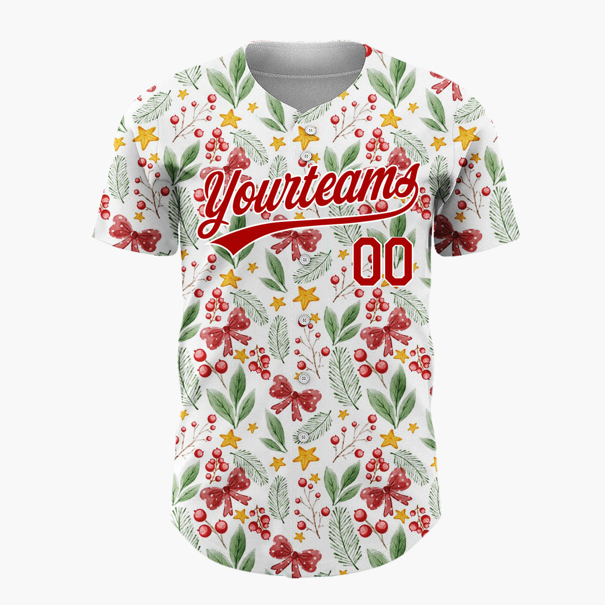 Custom White Red Green Berries Bows And Stars Watercolor Botanical Pattern Christmas Baseball Jersey