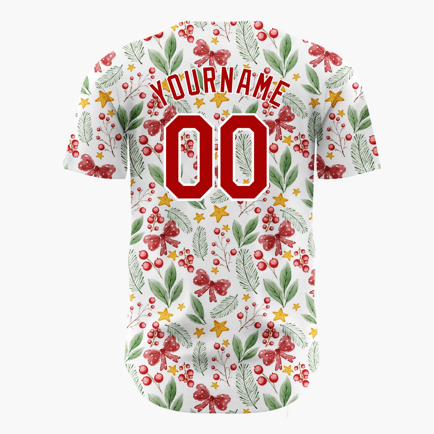 Custom White Red Green Berries Bows And Stars Watercolor Botanical Pattern Christmas Baseball Jersey