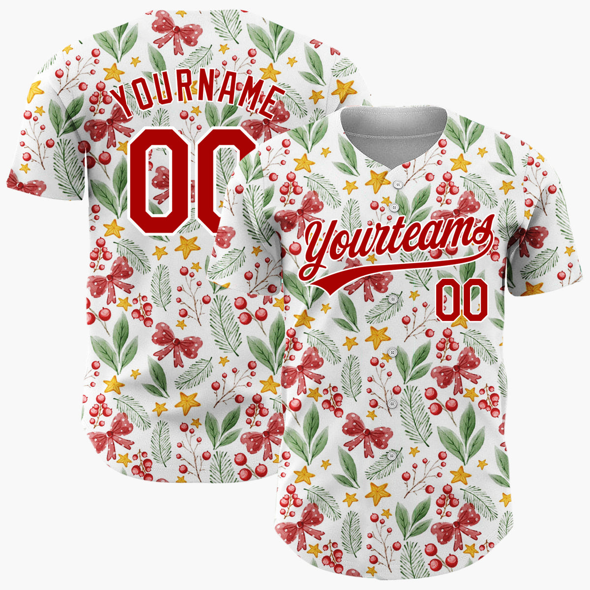 Custom White Red Green Berries Bows And Stars Watercolor Botanical Pattern Christmas Baseball Jersey