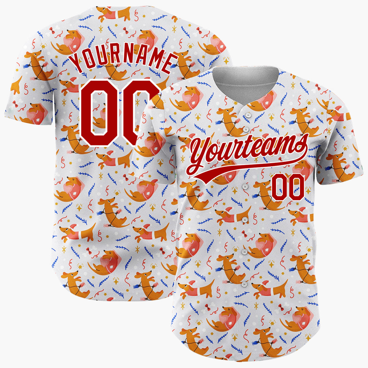 Custom White Red Dachshund Dogs And Toys Playful Christmas Baseball Jersey