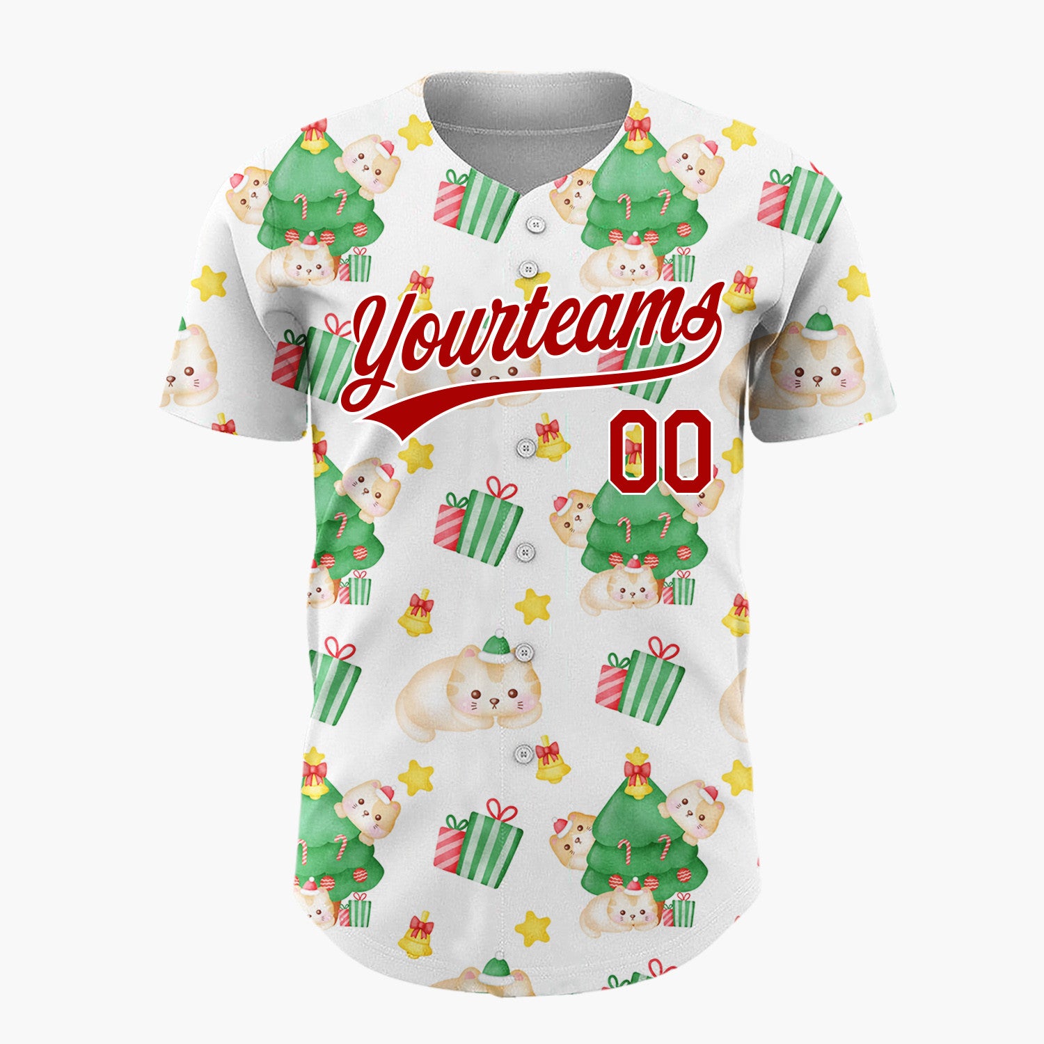 Custom White Cute Cat Christmas Tree Kawaii Pattern Christmas Baseball Jersey